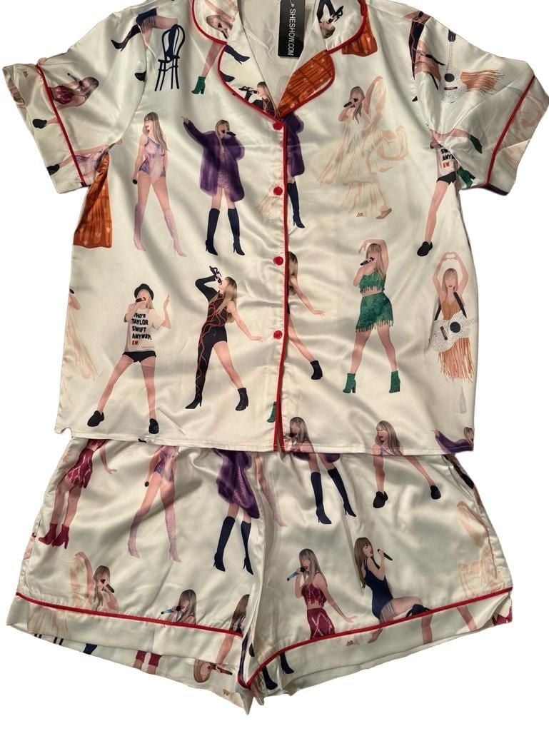 SHESHOW Taylor Swift Eras Pajama Set Size M White Satin Short PJs h1580 1