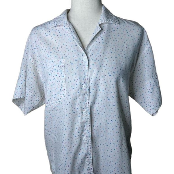 Vintage 80s Short Sleeve Button Down Blouse Colorful Confetti Print