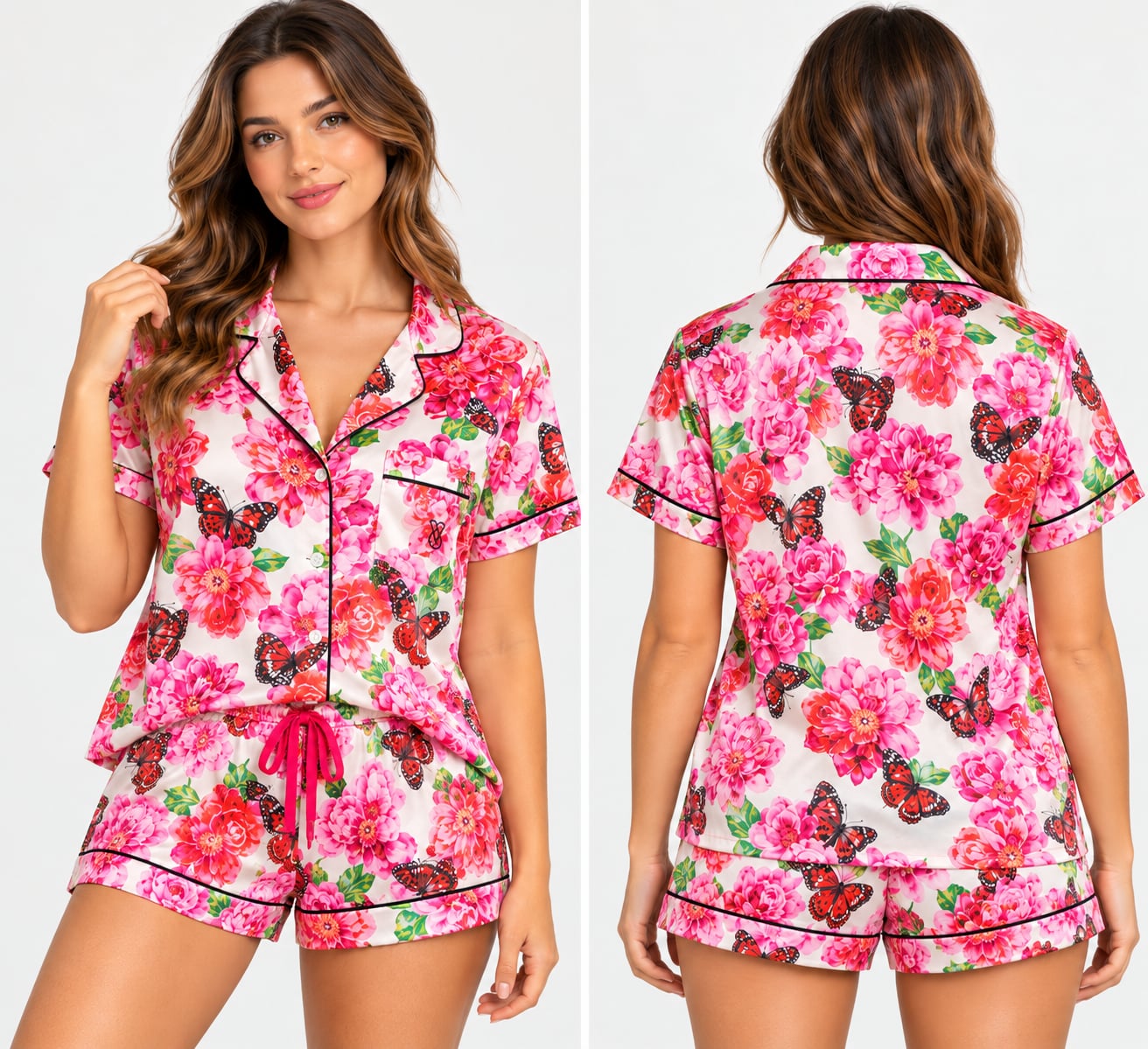 Victoria's Secret Satin Pajama Set Size M Pink Floral Butterfly 1