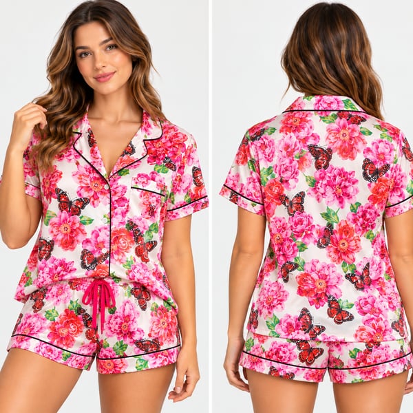 Victoria's Secret Satin Pajama Set Size M Pink Floral Butterfly