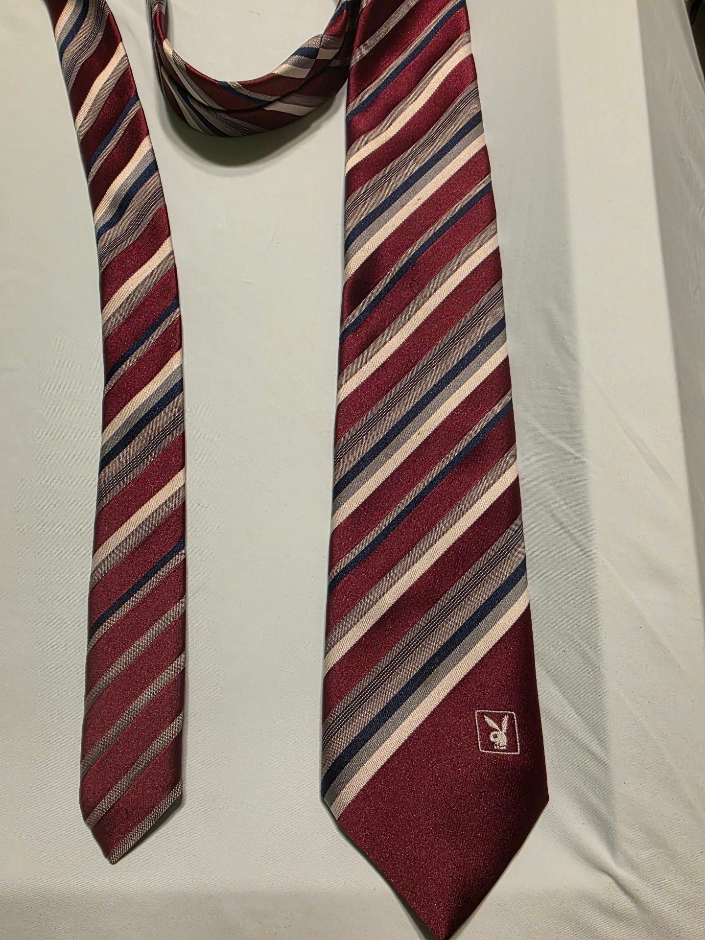 Playboy Striped Burgundy Red, White and Blue Necktie 1