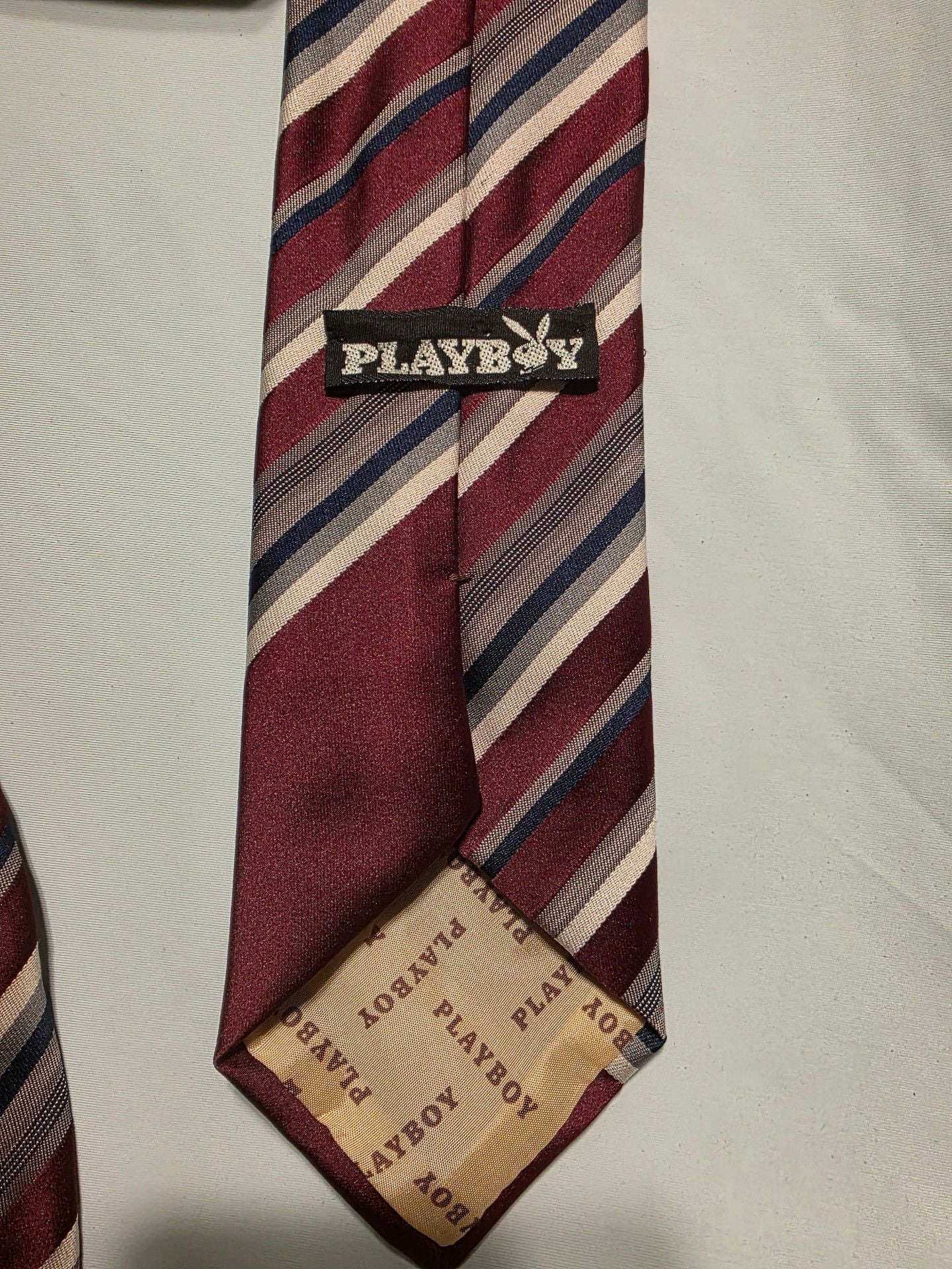 Playboy Striped Burgundy Red, White and Blue Necktie 2