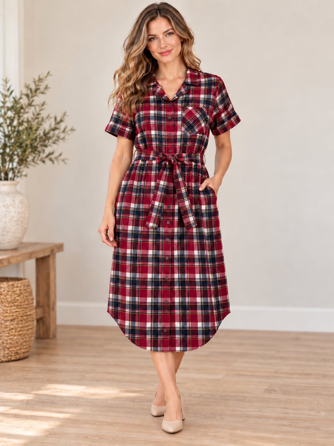 Downeast Plaid Shirt Dress Red Navy Belted Button Front Short Sleeve M 2