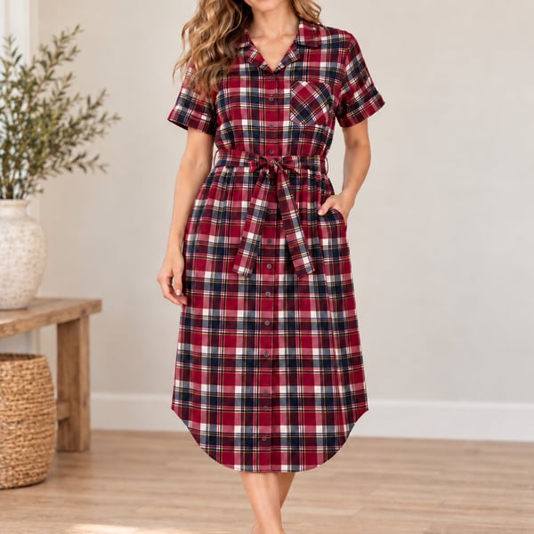 Downeast Plaid Shirt Dress Red Navy Belted Button Front Short Sleeve M