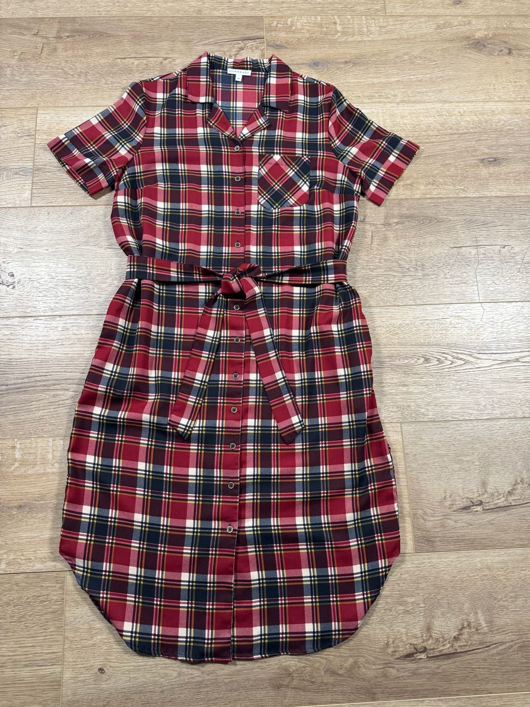 Downeast Plaid Shirt Dress Red Navy Belted Button Front Short Sleeve M 3
