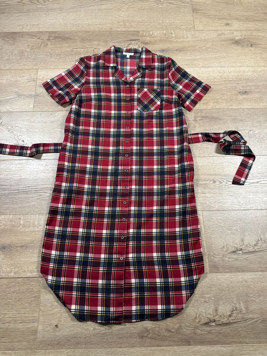 Downeast Plaid Shirt Dress Red Navy Belted Button Front Short Sleeve M 4