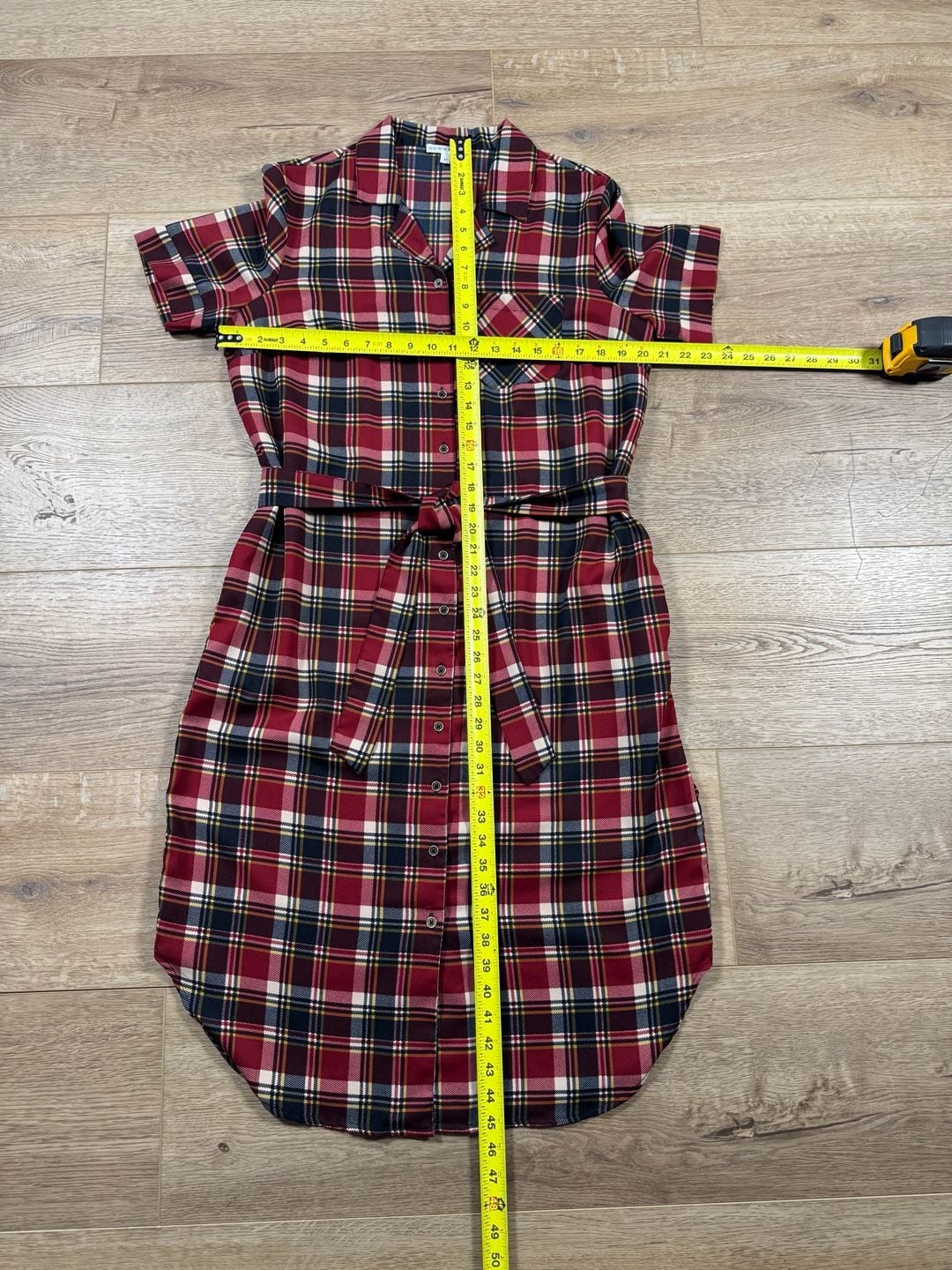Downeast Plaid Shirt Dress Red Navy Belted Button Front Short Sleeve M 8