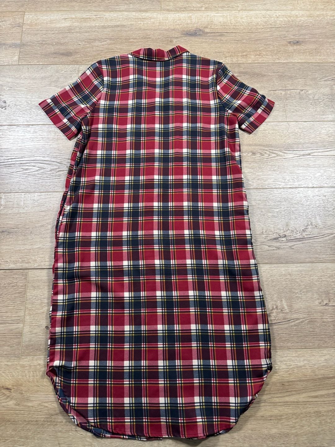 Downeast Plaid Shirt Dress Red Navy Belted Button Front Short Sleeve M 11