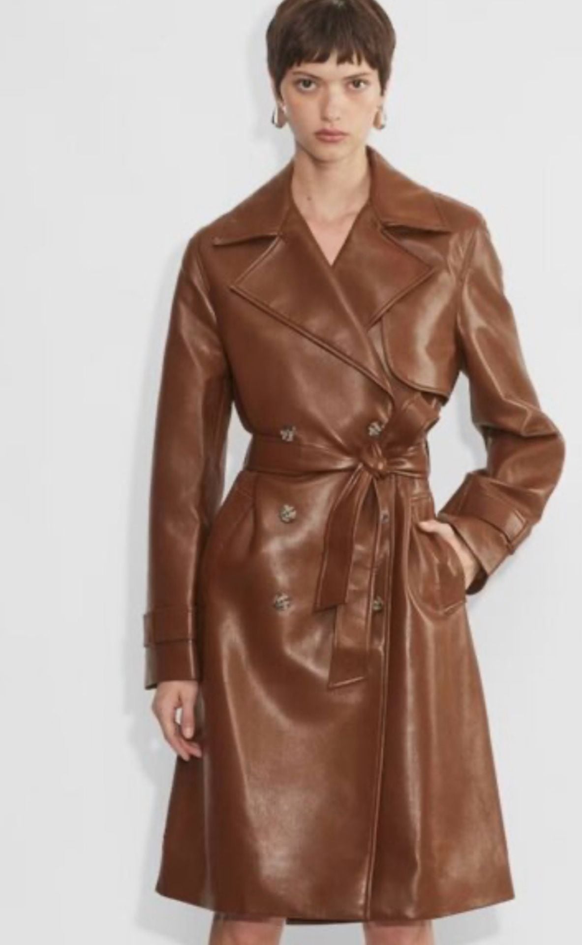 Marc New York Andrew Marc Trench Coat Size M Brown Faux Leather Double Breasted 2