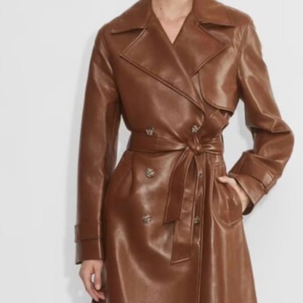 Marc New York Andrew Marc Trench Coat Size M Brown Faux Leather Double Breasted