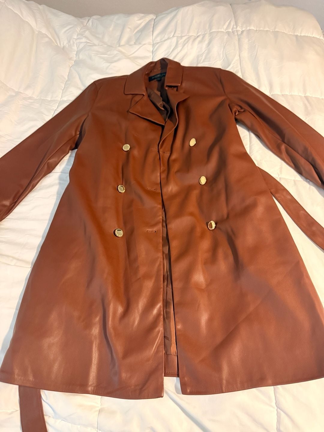 Marc New York Andrew Marc Trench Coat Size M Brown Faux Leather Double Breasted 3