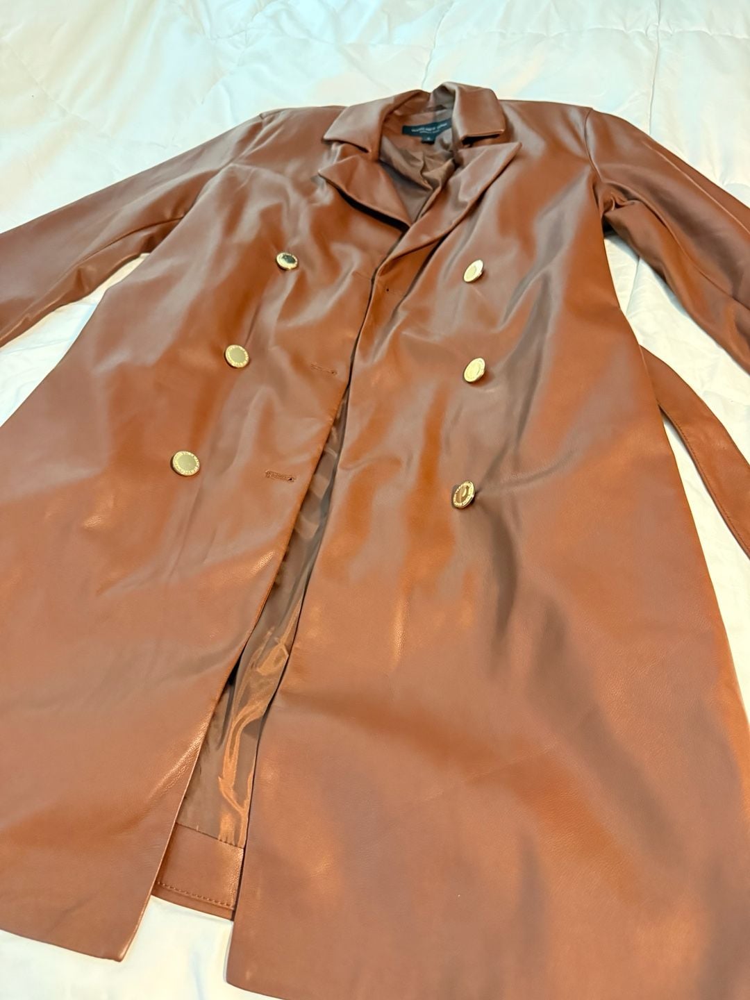 Marc New York Andrew Marc Trench Coat Size M Brown Faux Leather Double Breasted 6