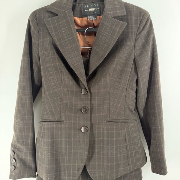 B. Moss Tailor Stretch Plaid Skirt Suit Set Size 2 Brown Y2K Dark Academia
