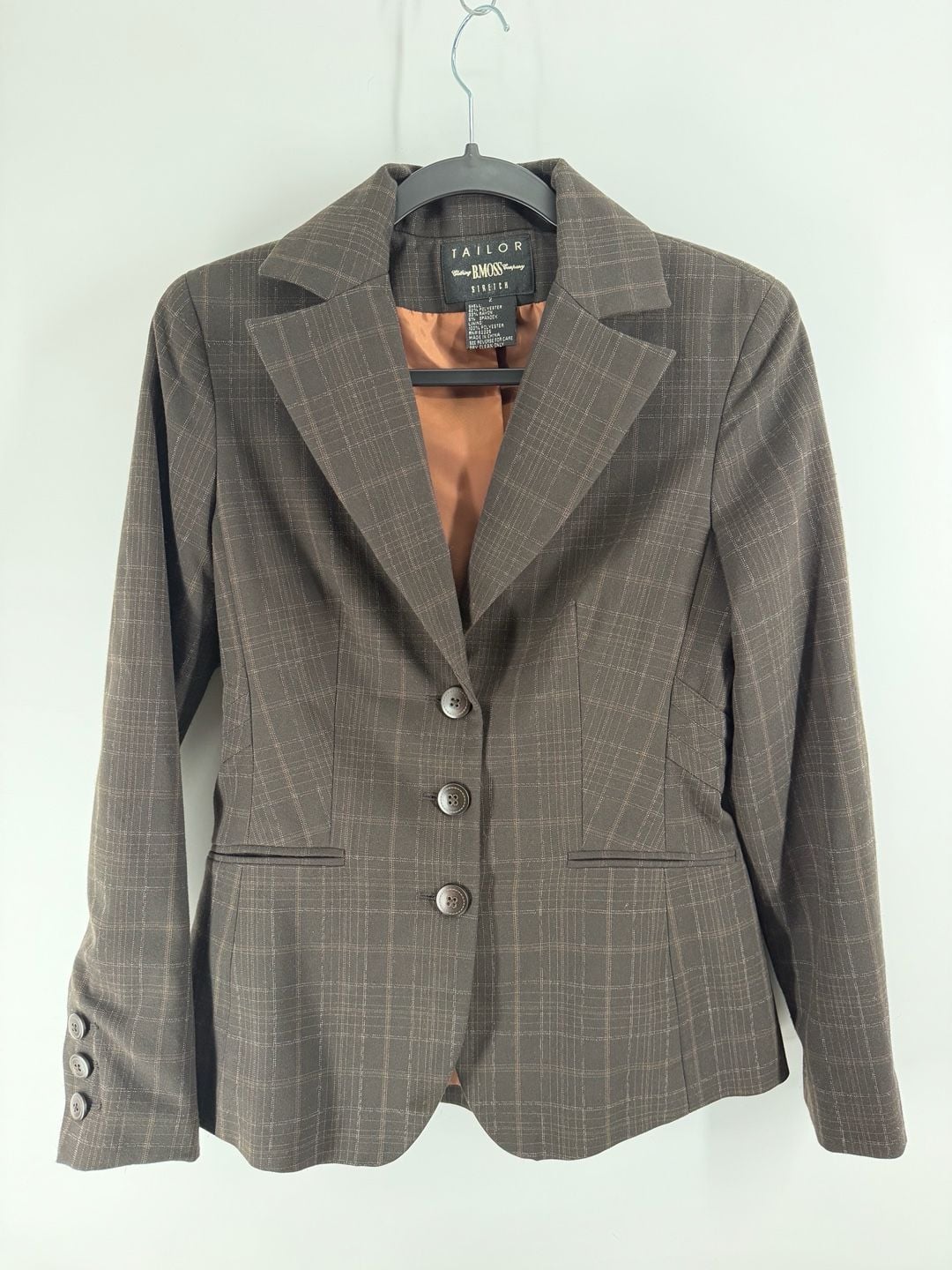 B. Moss Tailor Stretch Plaid Skirt Suit Set Size 2 Brown Y2K Dark Academia 7