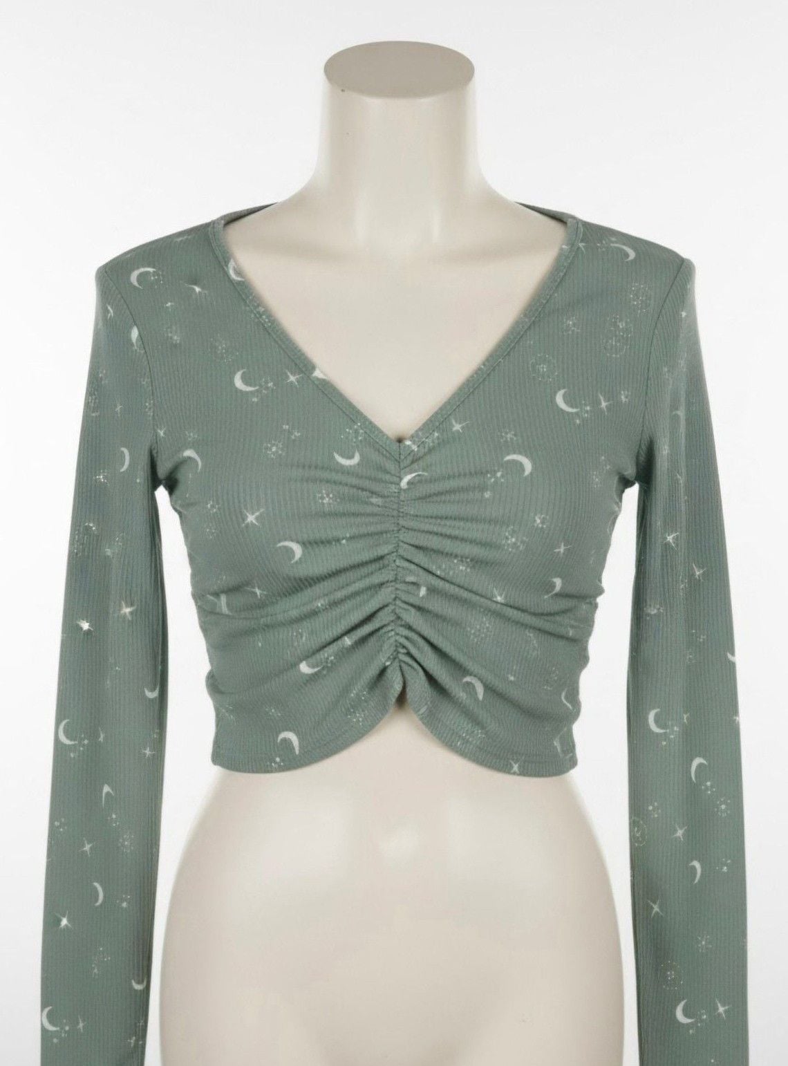 Forever 21 Moon Star Crop Top Size M Green Long Sleeve 2