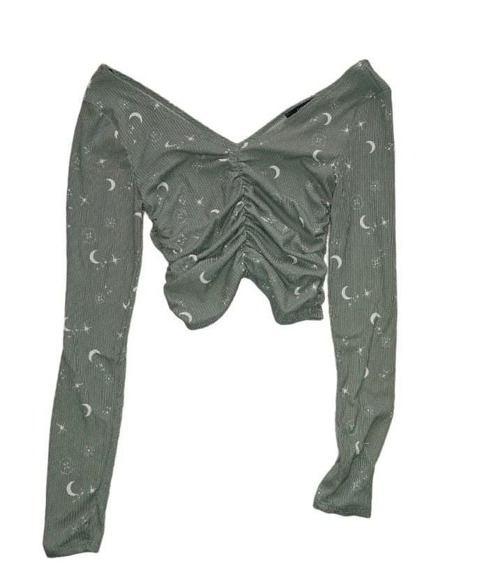 Forever 21 Moon Star Crop Top Size M Green Long Sleeve 3