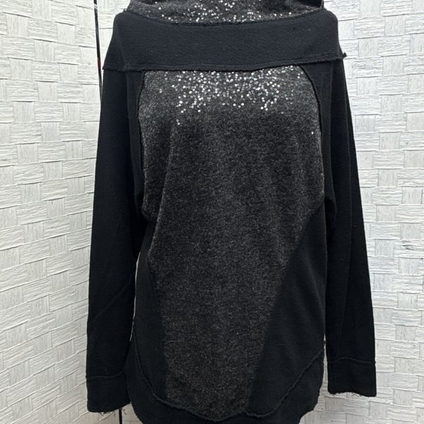 Free People Swash Sequin Hooded Sweatshirt Size S Black