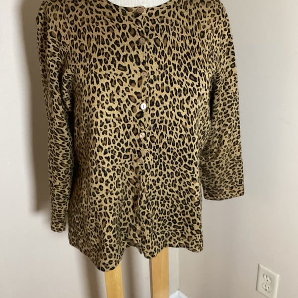 White Stag Cardigan Sweater Size L 12/14 Cappuccino Animal Print Leopard
