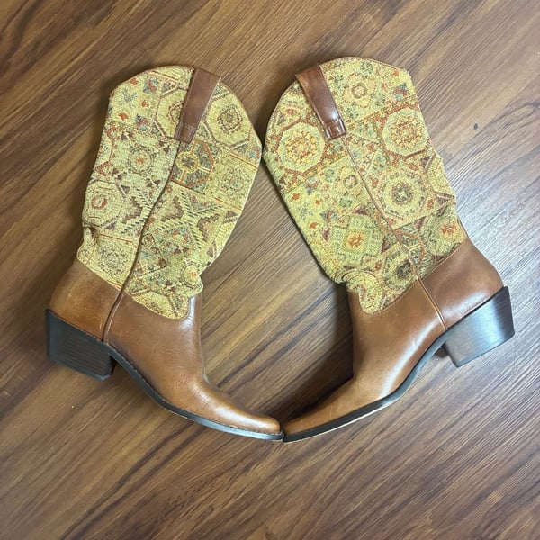 J. Jill Tapestry Western Boots Size 7M 7W Brown Leather Boho Cowgirl