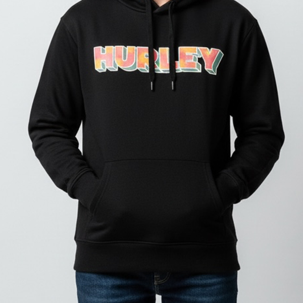 Hurley Hoodie Size L Black Graphic Pullover Sweatshirt