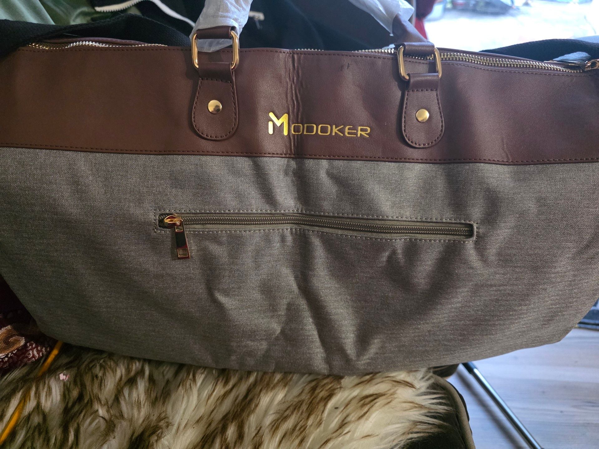 Modoker Travel Duffel Bag Grey Brown Leather 2