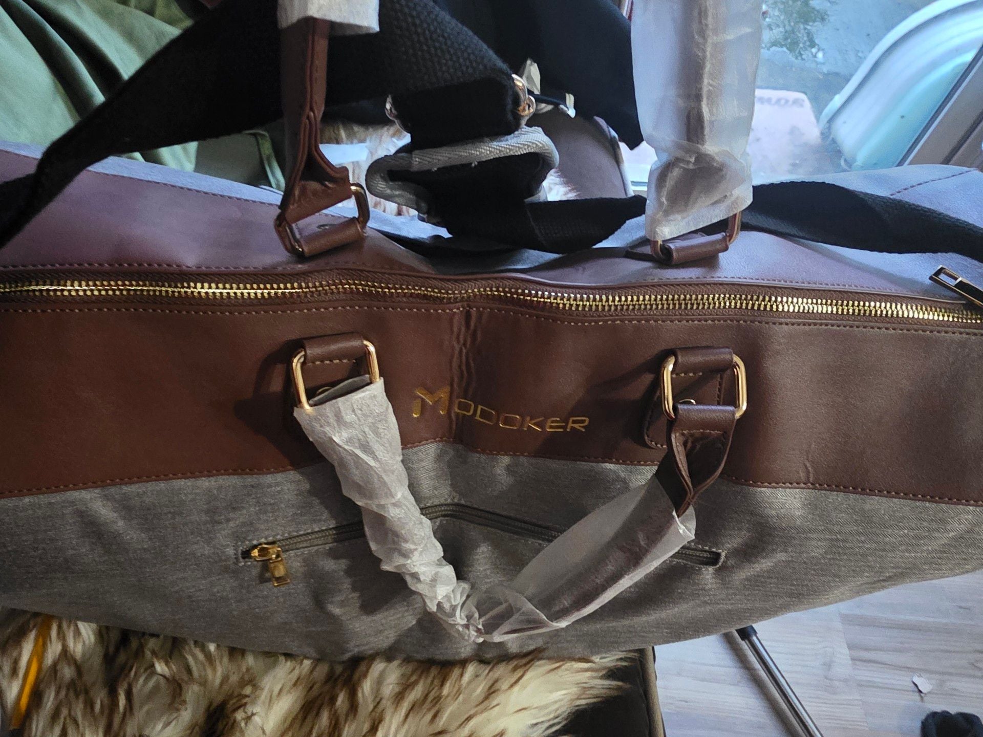 Modoker Travel Duffel Bag Grey Brown Leather 3