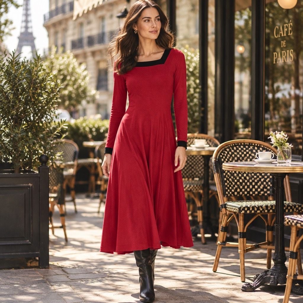 CGR Long Sleeve Fit and Flare Midi Dress Size M Red Black Trim 2