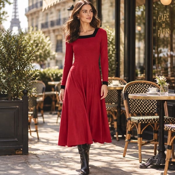 CGR Long Sleeve Fit and Flare Midi Dress Size M Red Black Trim
