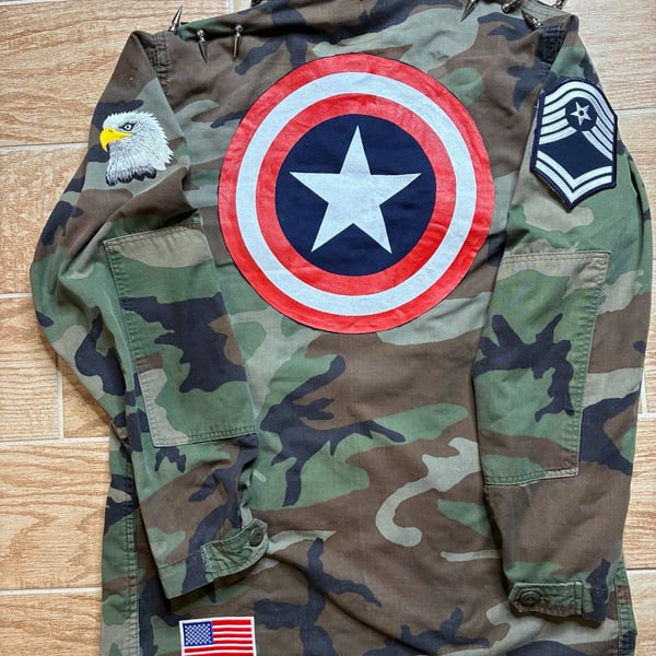Vintage US Military Woodland BDU Camo Jacket Custom Captain America Punk Studded