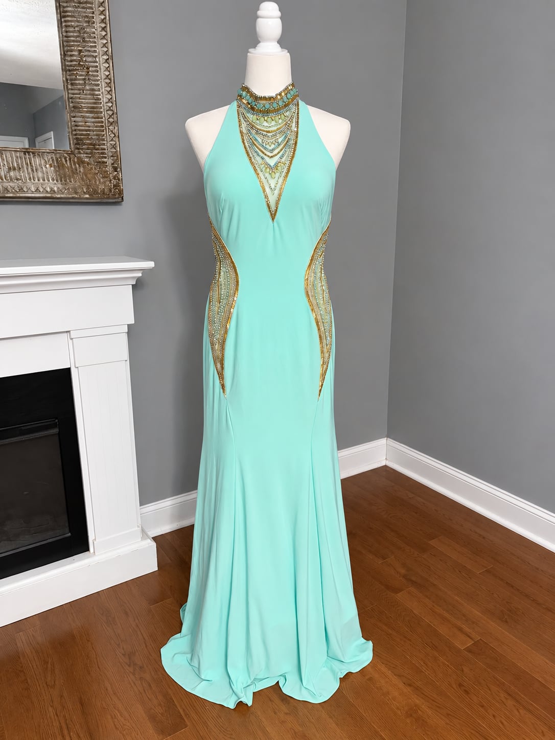 Dave & Johnny Aqua Beaded Halter formal Prom Gown Size 11/12 2