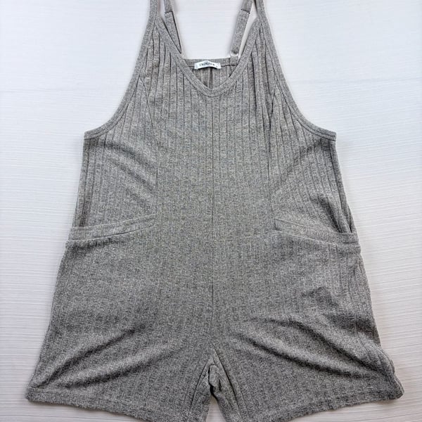 Ekouaer Ribbed Knit Romper Size M Gray Short Overalls Pockets
