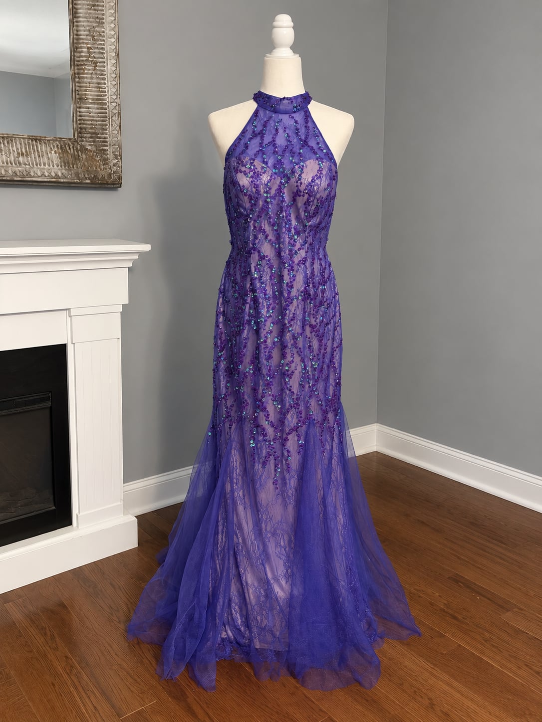 Purple Halter Sequin Lace Mermaid Gown 2