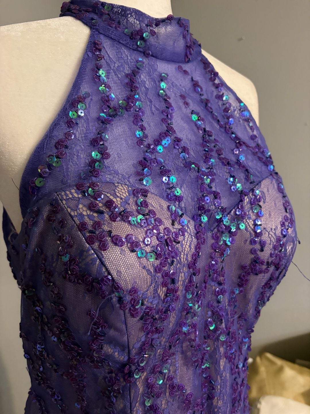 Purple Halter Sequin Lace Mermaid Gown 4