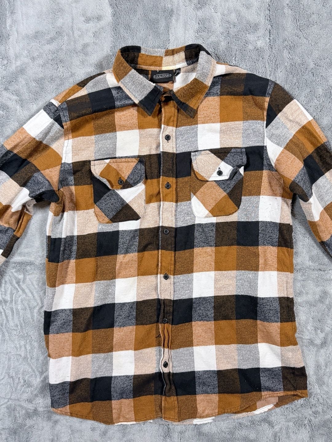 Aaliyah Flannel Shirt Size M Brown Black Plaid Graphic Back 3