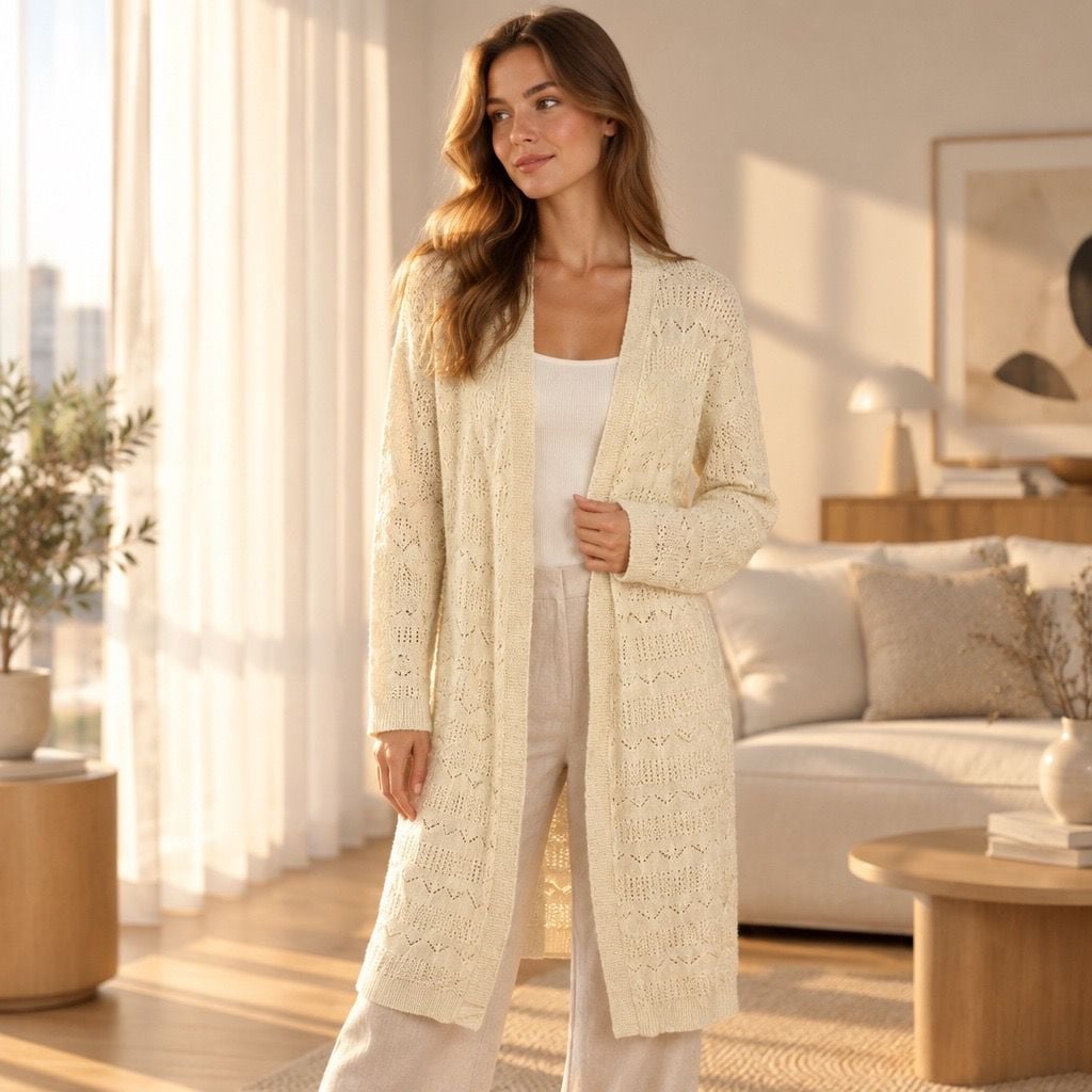 Miami Long Cardigan Size L Beige Open Front Knit Sweater 2