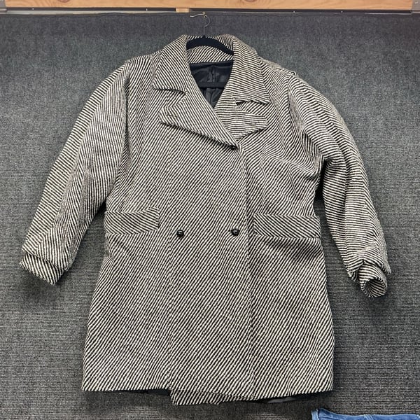Vintage Wool Blend Herringbone Coat Size 9-10 Black White Double Breasted