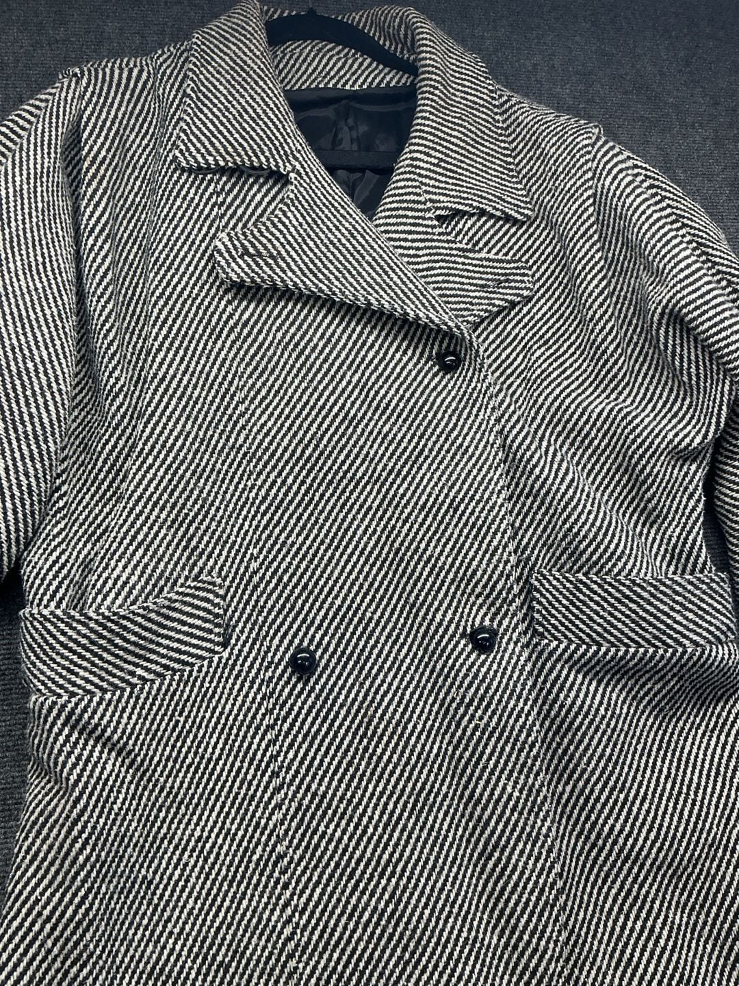 Vintage Wool Blend Herringbone Coat Size 9-10 Black White Double Breasted 3