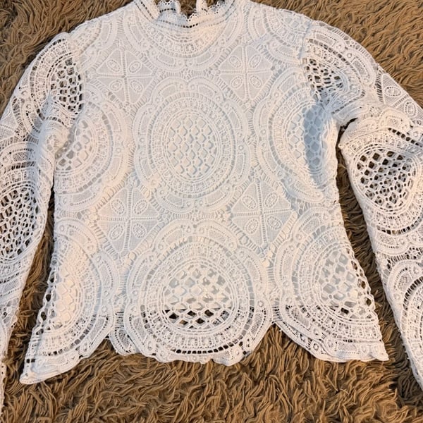 Ultra Pink White Crochet Lace Long Sleeve Top Size M Mock Neck