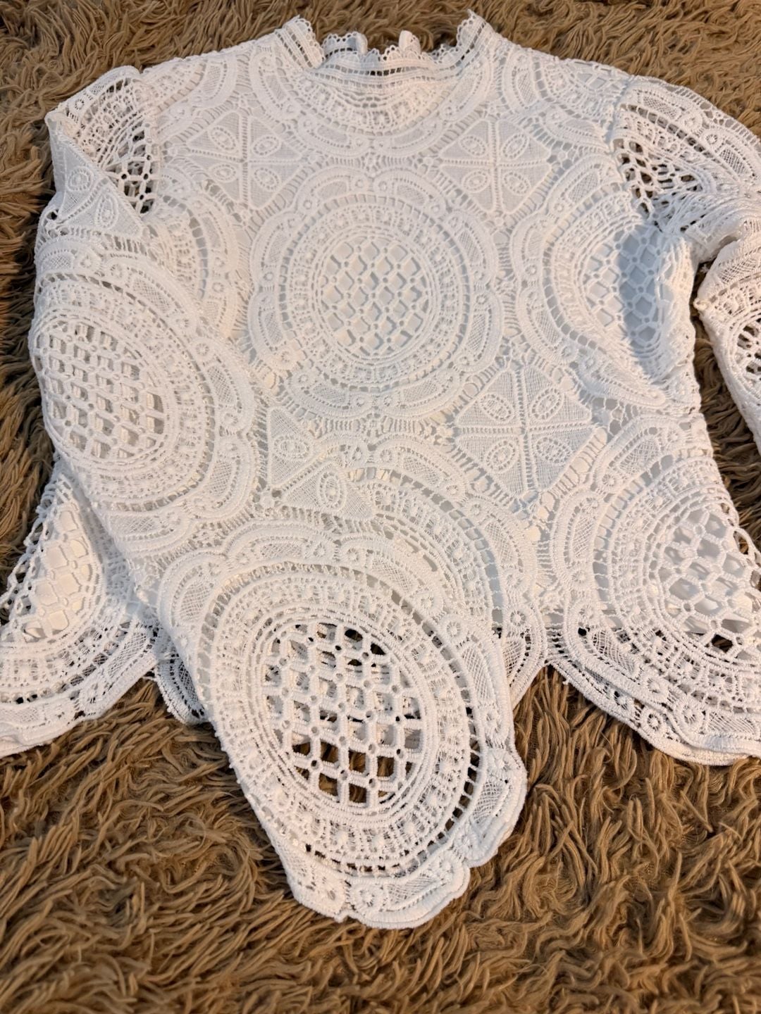 Ultra Pink White Crochet Lace Long Sleeve Top Size M Mock Neck 3