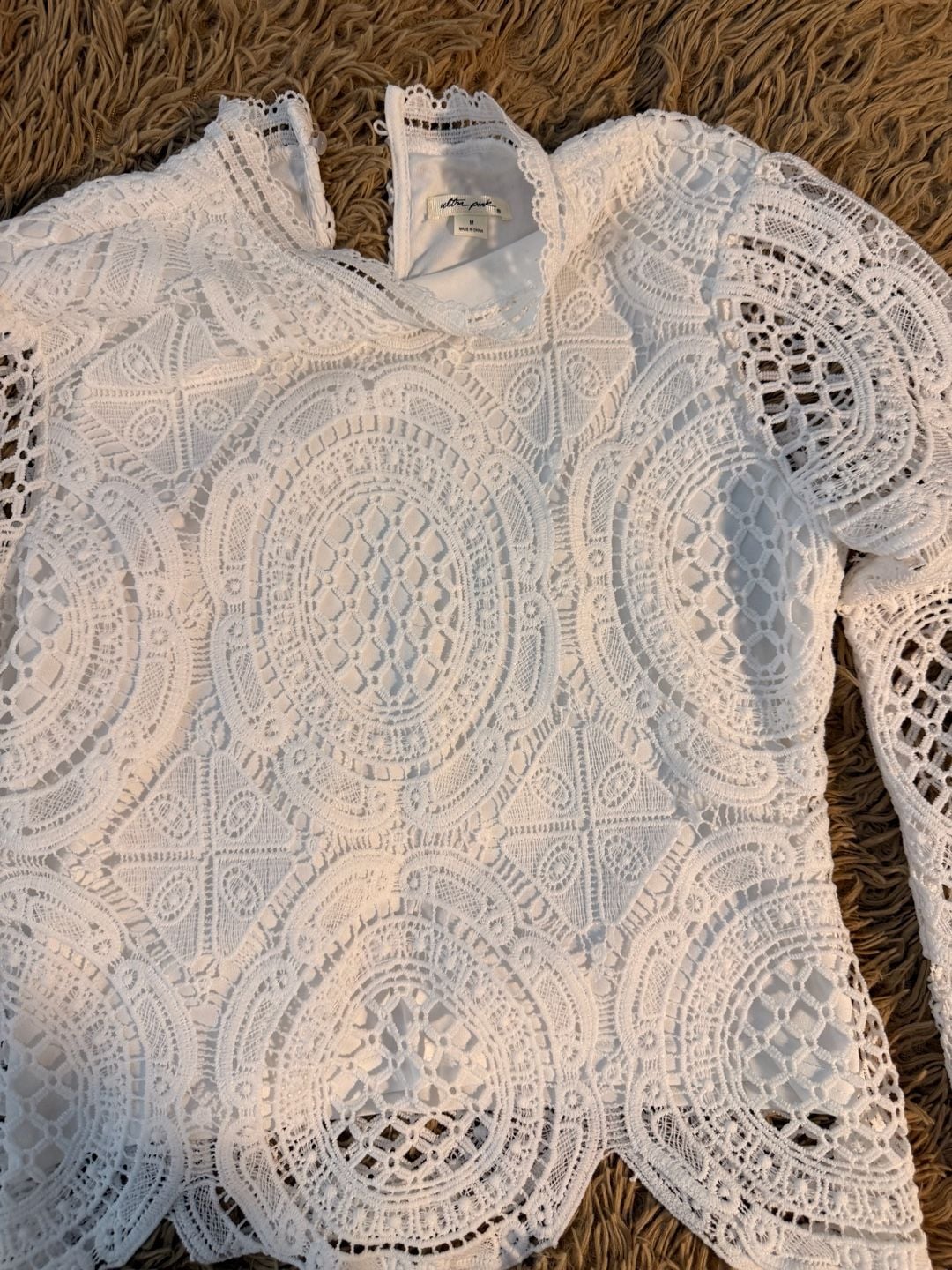 Ultra Pink White Crochet Lace Long Sleeve Top Size M Mock Neck 8