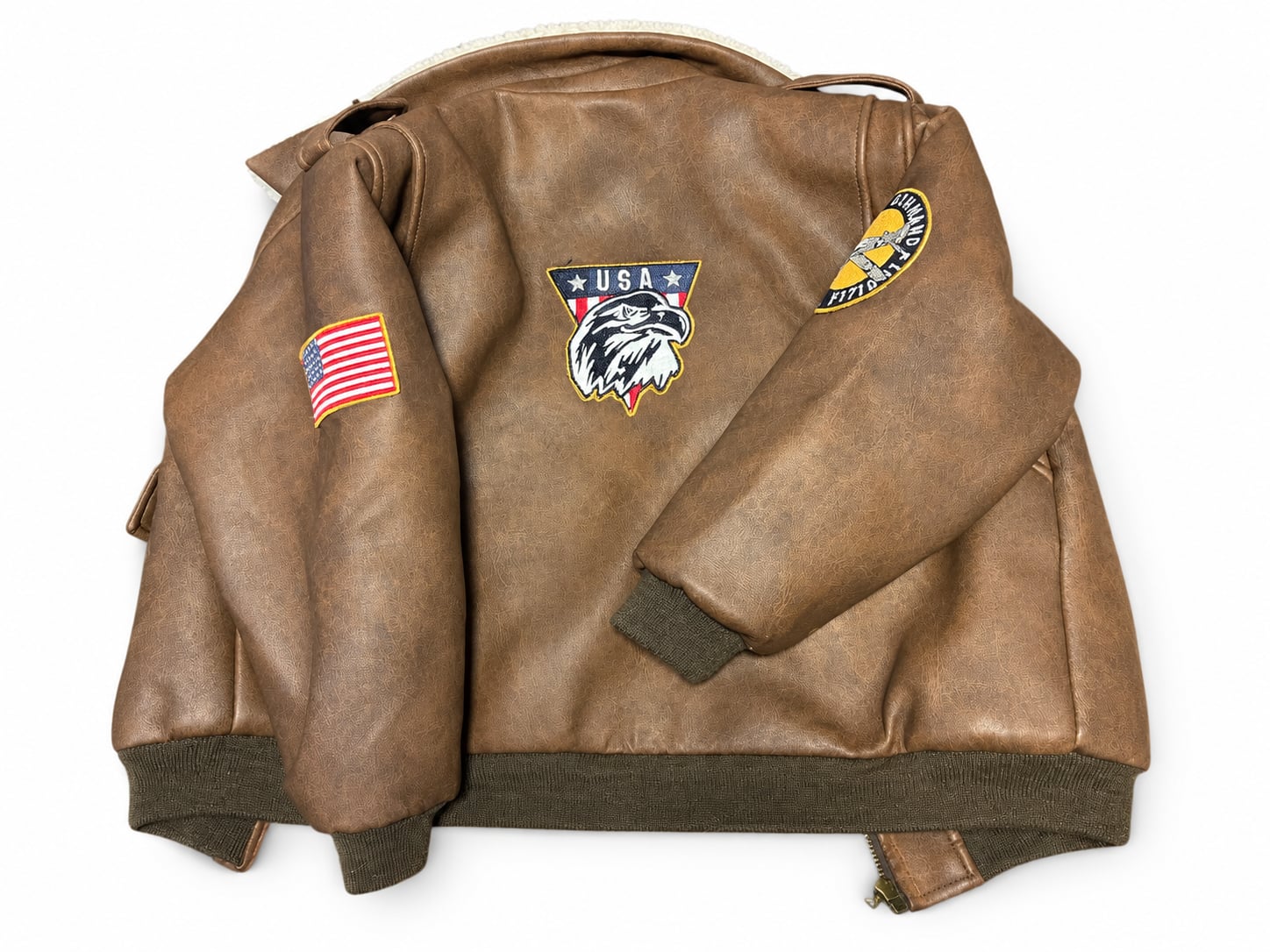 Kids Route 66 Aviator Bomber Jacket Size 8 medium Brown Faux Leather Patches 7