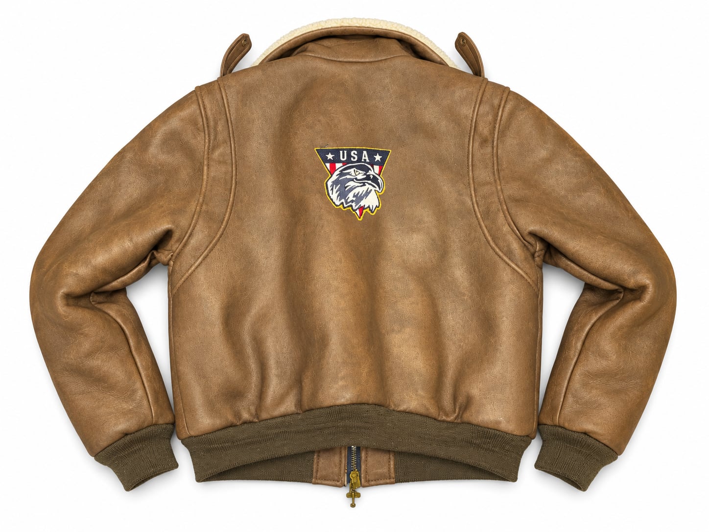Kids Route 66 Aviator Bomber Jacket Size 8 medium Brown Faux Leather Patches 8