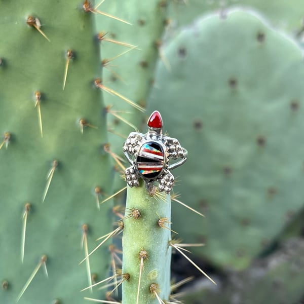 Vintage Sterling Silver Turtle Ring – Genuine Stone Inlay & Coral – Size 6