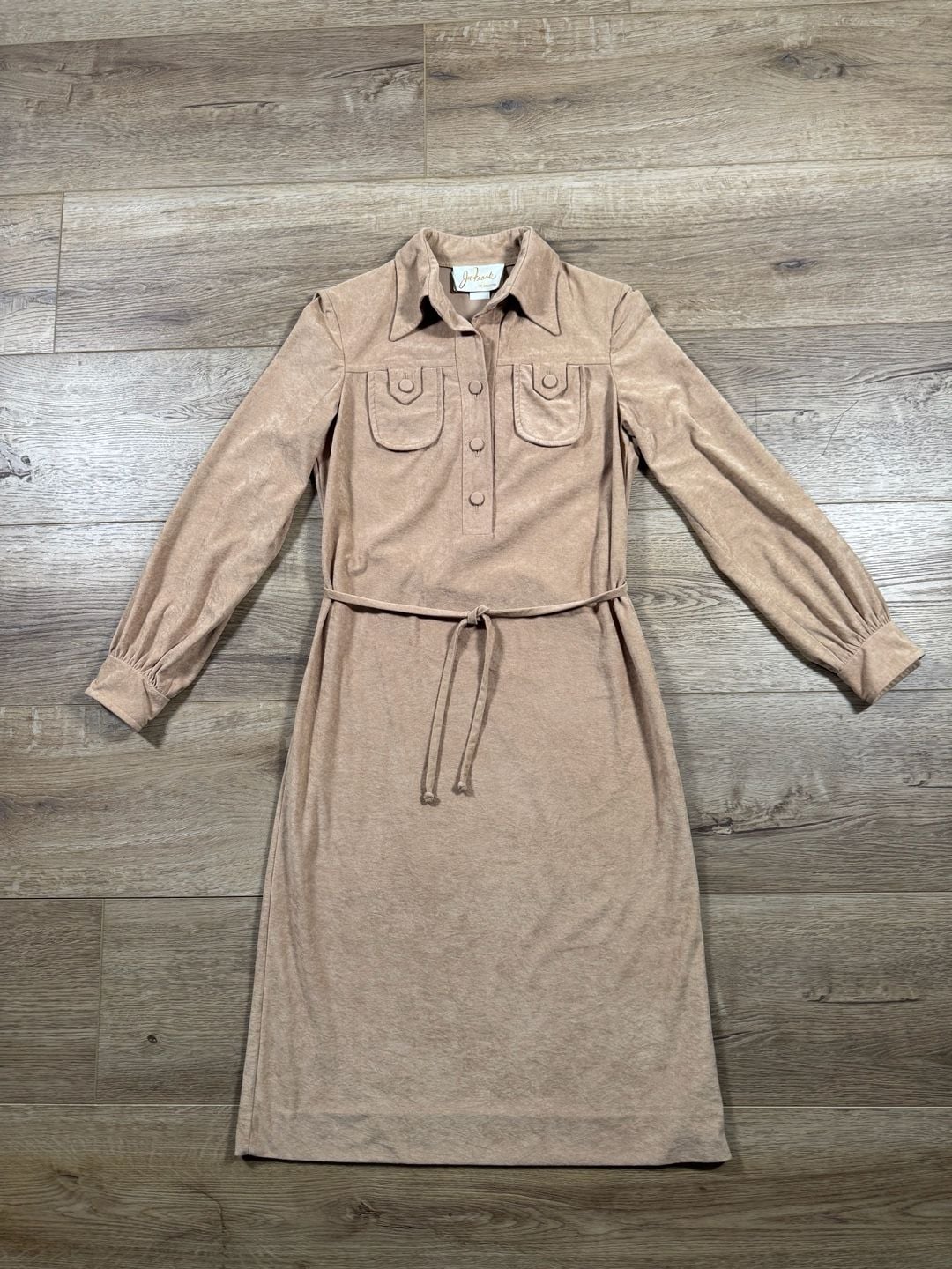 Vintage Joe Frank of Houston Faux Suede Shirt Dress Beige Belted Size 10 3