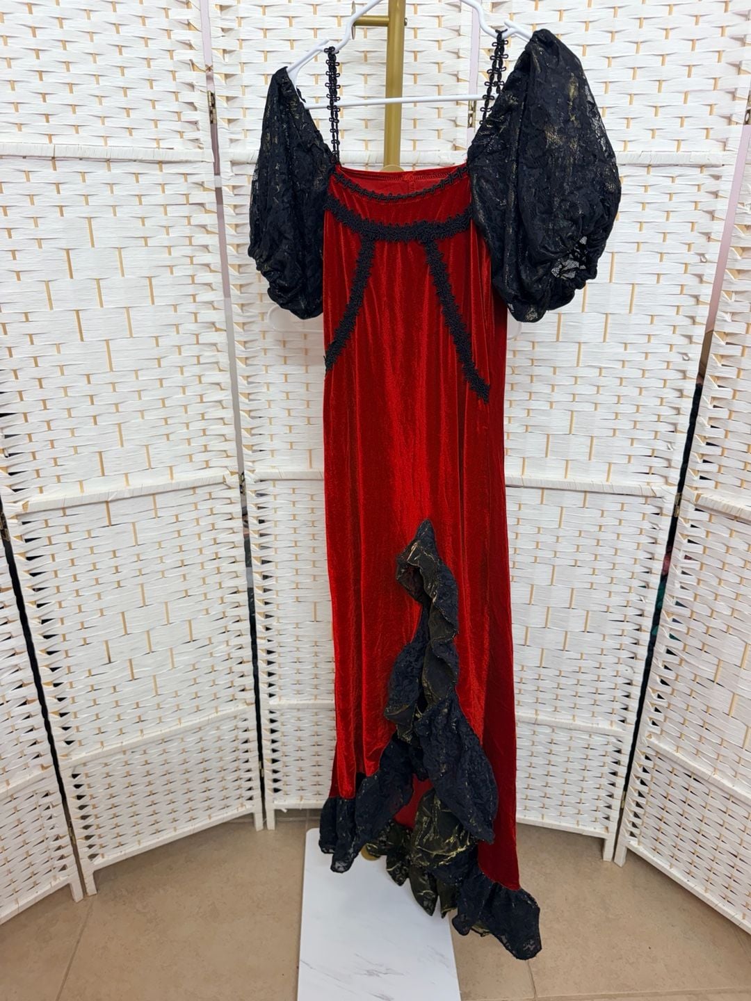 Punk Rave Red Velvet Gothic Maxi Dress Black Lace Trim 2