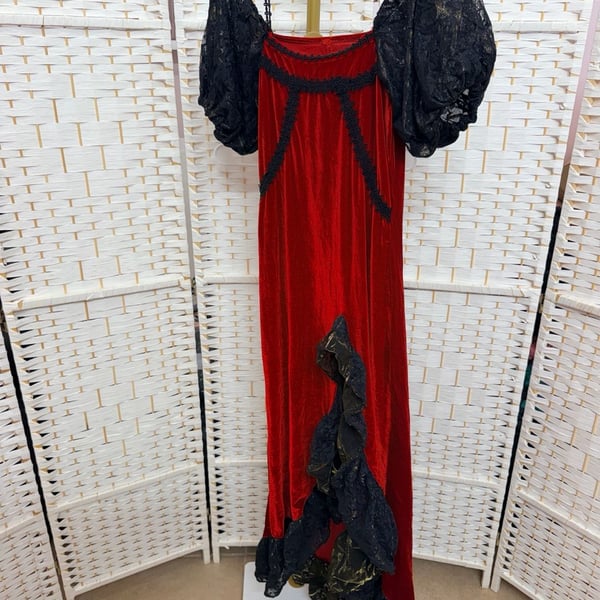 Punk Rave Red Velvet Gothic Maxi Dress Black Lace Trim
