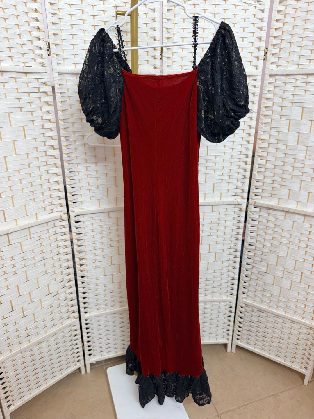 Punk Rave Red Velvet Gothic Maxi Dress Black Lace Trim 4
