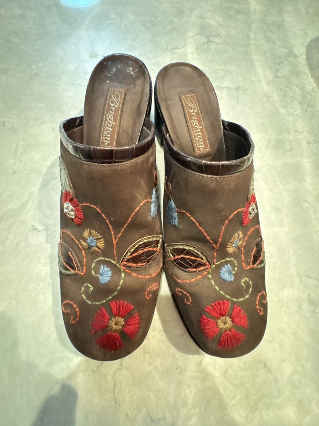 Brighton Fiona Size 9M Brown Embroidered Suede Clog Mules 3