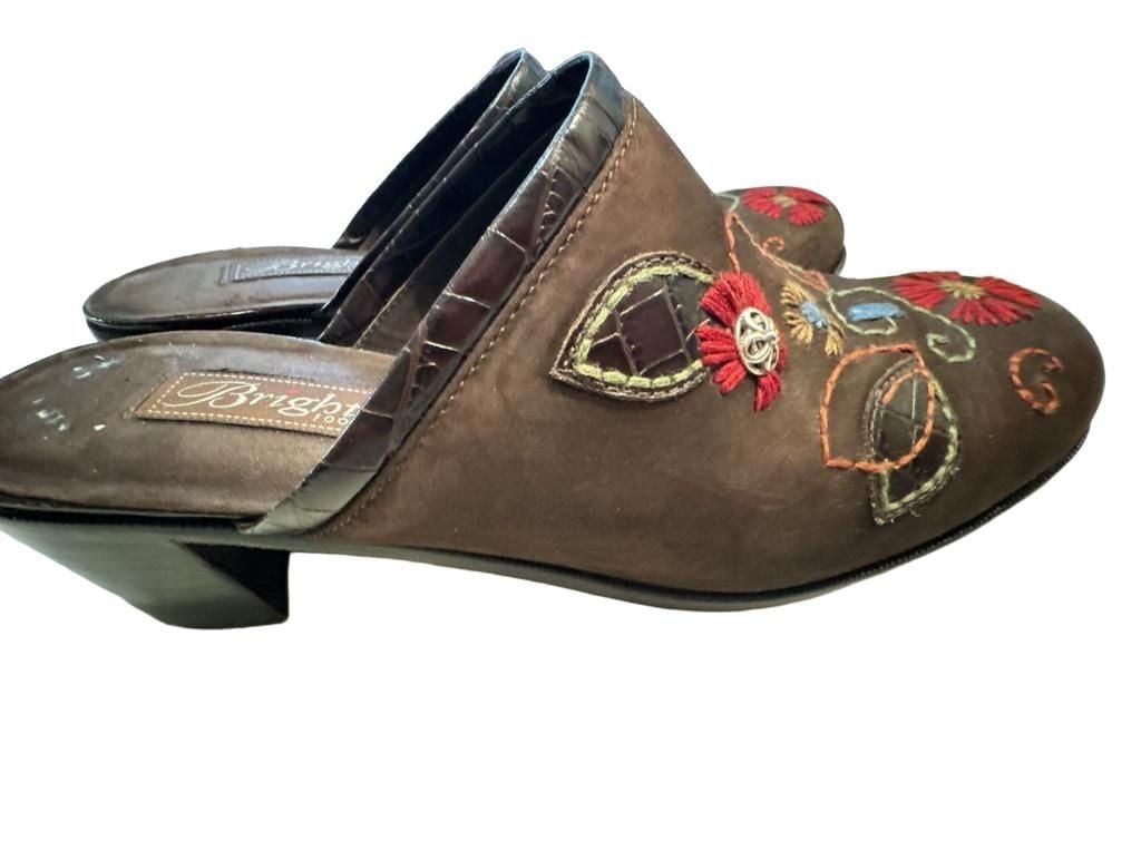 Brighton Fiona Size 9M Brown Embroidered Suede Clog Mules 4