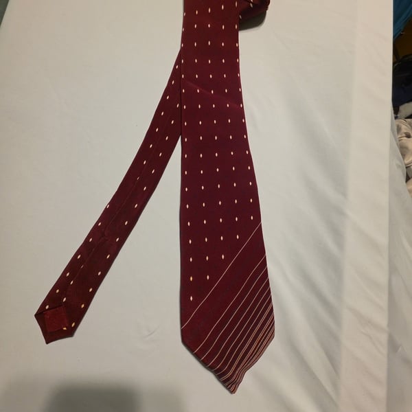 Lanvin Paris Burgundy Silk Necktie With Gold and Navy Diamonds And Stripes